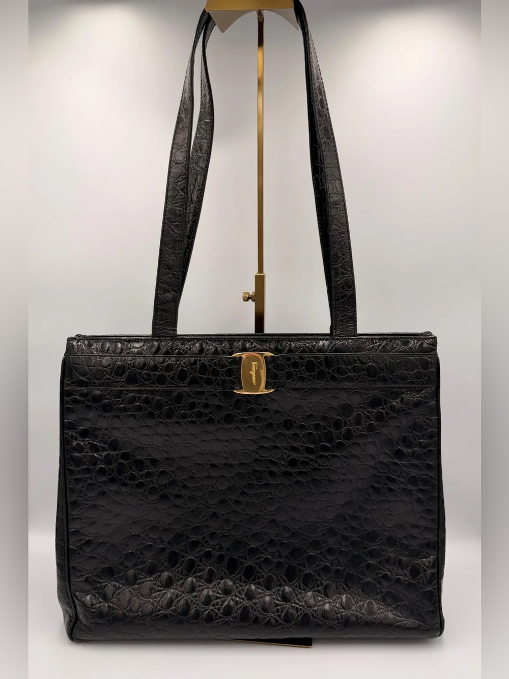 Salvatore Ferragamo Vara Bow Tote — Black Croc-Embossed